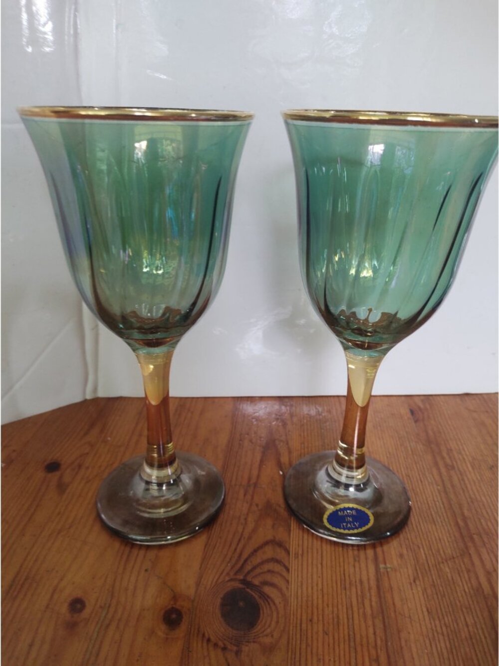 Vintage Italian Wine Glasses set of 2 Amber Stem, gilded gold edge 7 5/8"